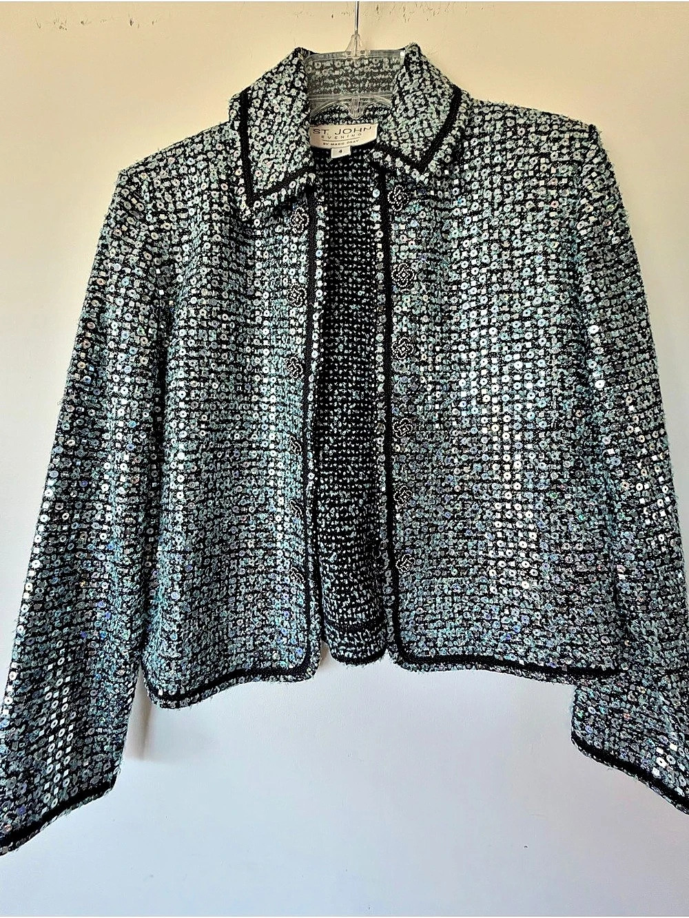 St. John Sequin Beaded Blue and Black Evening Jacket Size 4 Like New